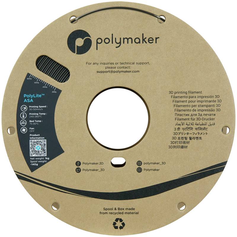 Schwarze 3D-Drucker-Filamentrolle von Polymaker mit braunem Kartonaufkleber. Angaben zu Filamentmaterial (PLA), Gewicht und Hersteller.