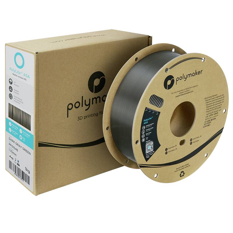 Eine Rolle graugrünes ASA-Filament von Polymaker steht vor einer passenden Produktverpackung. Ideal für 3D-Druckaufgaben.