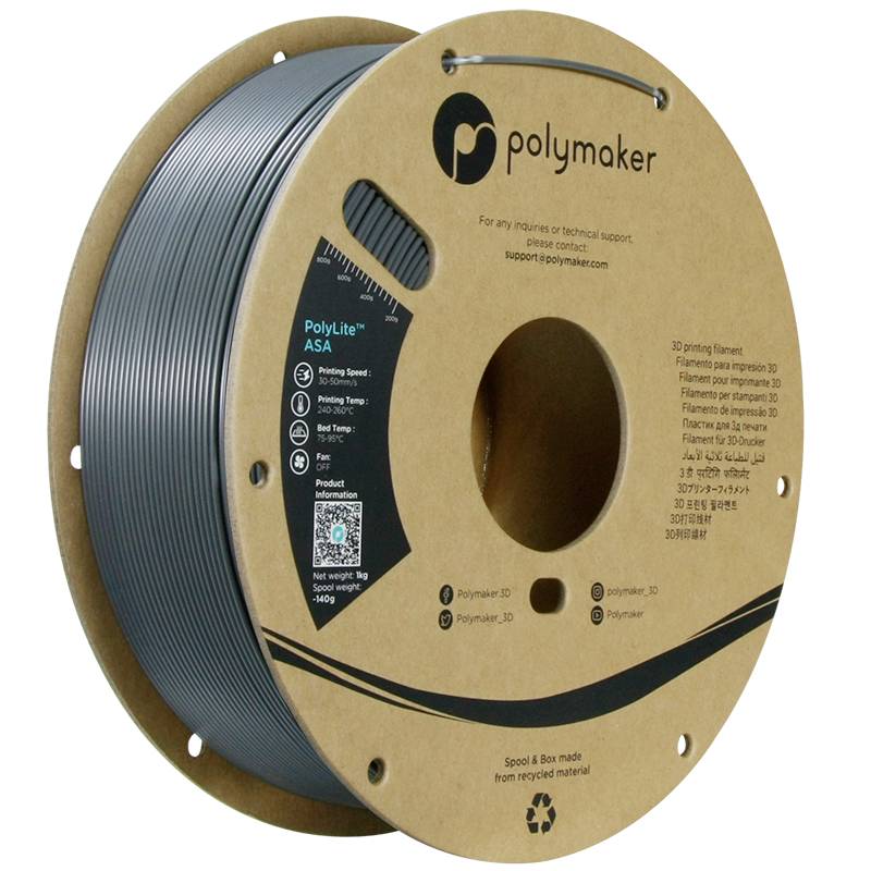 Eine Plastikspule mit grauem Filament von Polymaker. Die Aufschrift informiert über Materialeigenschaften und Gebrauchsanweisungen.