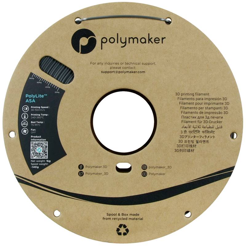 Die Abbildung zeigt eine Spule 3D-Druckfilament der Marke 'Polymaker'. Das Etikett informiert über Material, Gewicht und Recyclingfähigkeit.