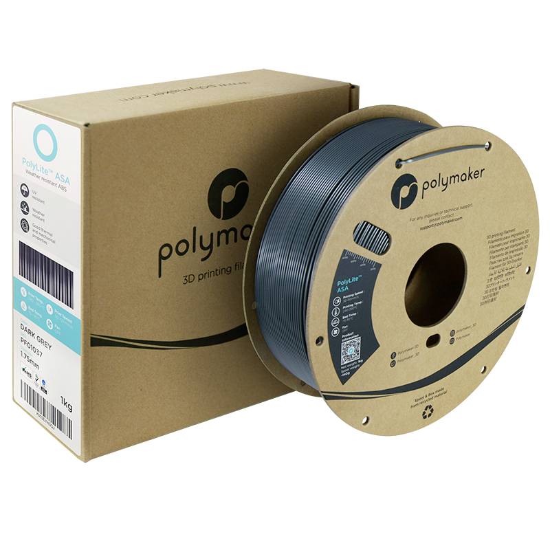 3D-Druckfilament von Polymaker in einer Kartonverpackung. Das Filament ist dunkelgrau und die Verpackung zeigt Marken- und Produktinformationen.