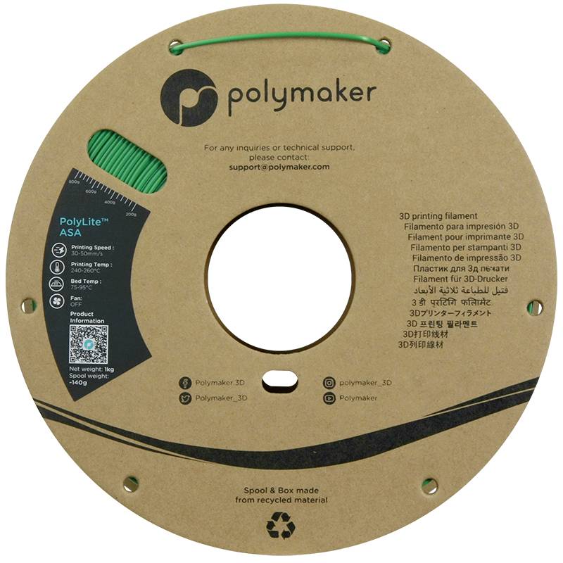 Spule mit grünem 3D-Drucker-Filament von Polymaker. Auf der Spule stehen Informationen zur Produktreihe 'PolyLite' und Materialdetails.