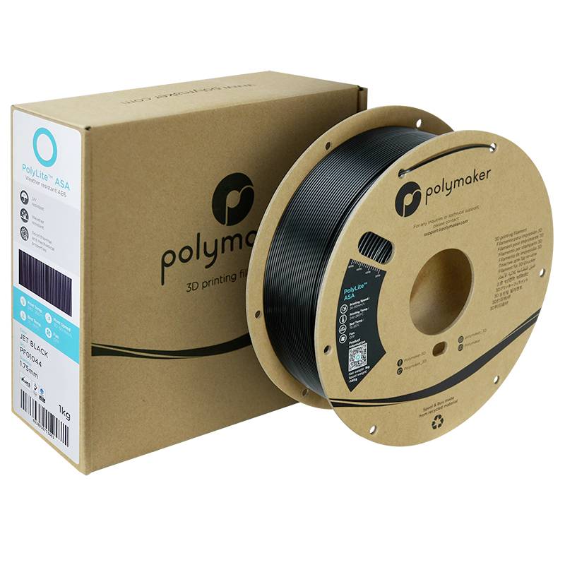 Eine Rolle schwarzes 3D-Drucker-Filament von Polymaker neben einer passenden Verpackung.