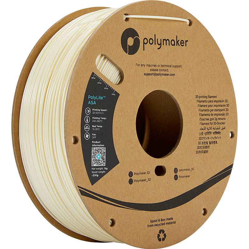 Rolle mit PolyLite ASA 3D-Druckfilament von Polymaker. Auf der Verpackung sind Logos, Symbole und ein QR-Code sichtbar.