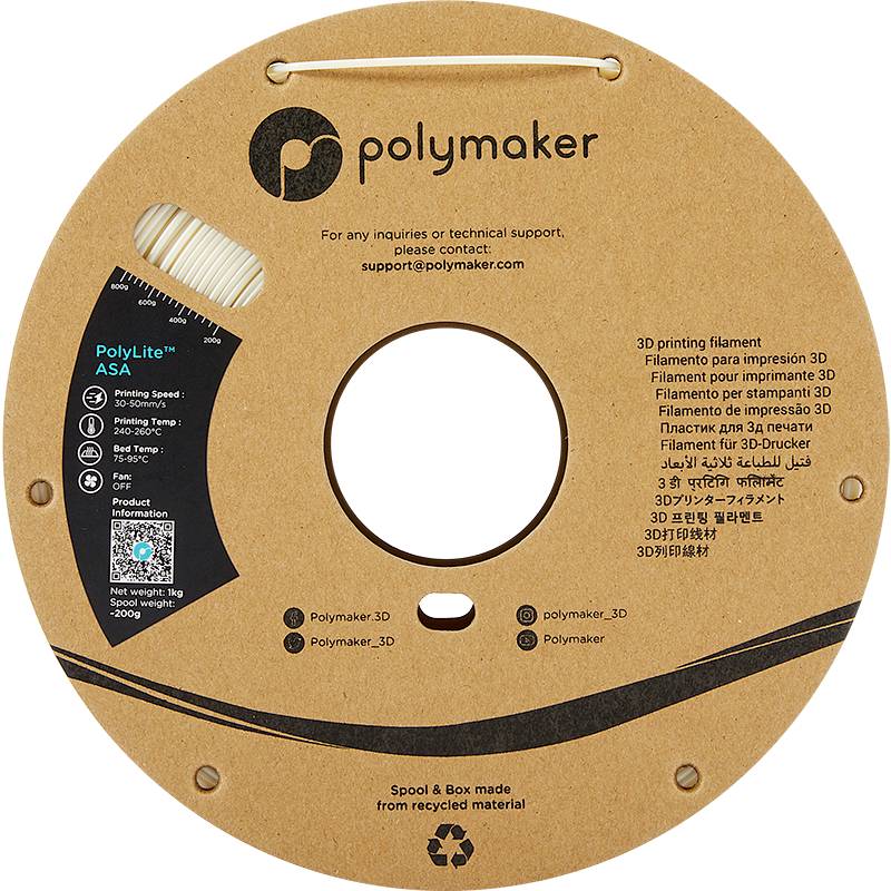 Eine Spule mit beigem 3D-Druckfilament von Polymaker. Beschriftungen umfassen 'PolyLite ASA' und mehrsprachige Informationen über das Filament.