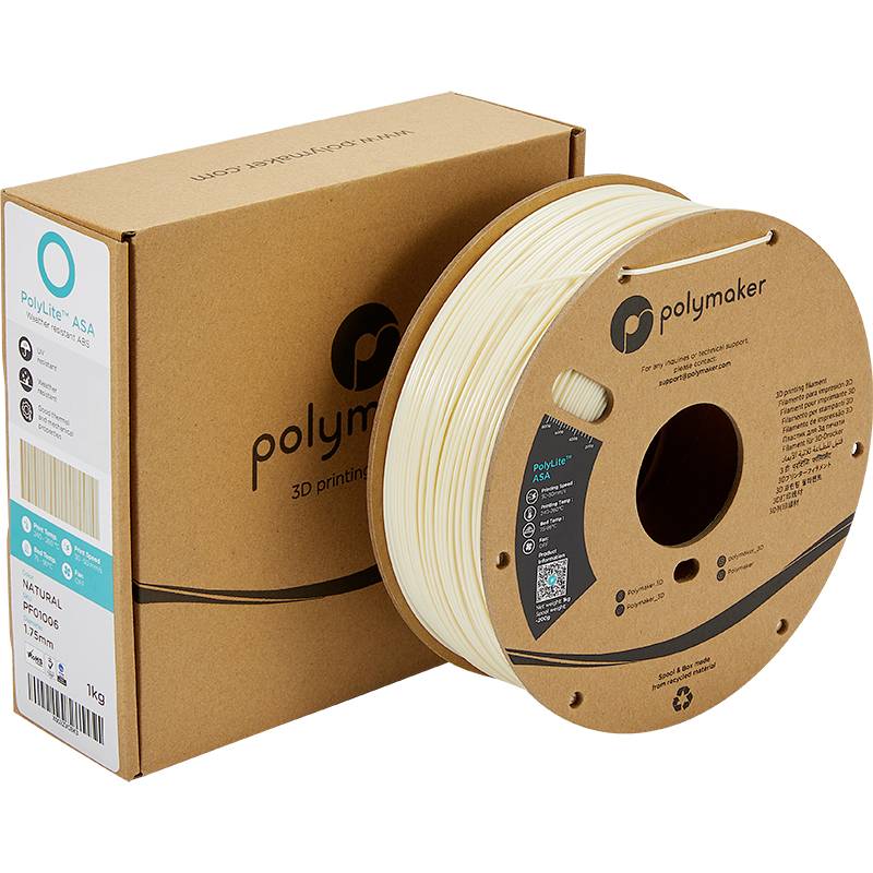 Filamentspule mit beigefarbenem Material neben einer braunen Verpackung von Polymaker, beschriftet als 'PolyLite ASA' für 3D-Druck.