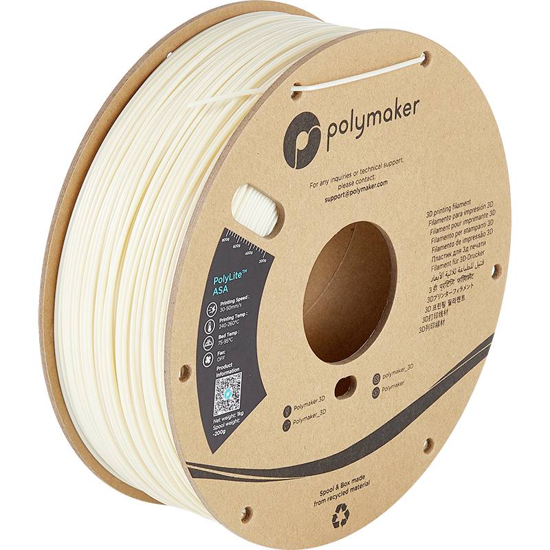 Beige Spule mit 'Polymaker'-Logo, enthält 3D-Drucker-Filament. Fokus auf Materialinformationen und Kontaktangaben auf der Verpackung.