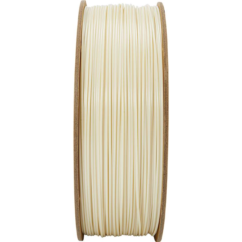 Eine Rolle mit hellem, beigem Filament für 3D-Drucker.