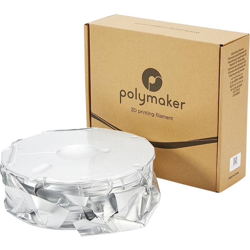 Ein Karton mit der Aufschrift 'Polymaker 3D printing filament', daneben eine Spule mit silbernem Filament. Verpackung für 3D-Druckmaterial.