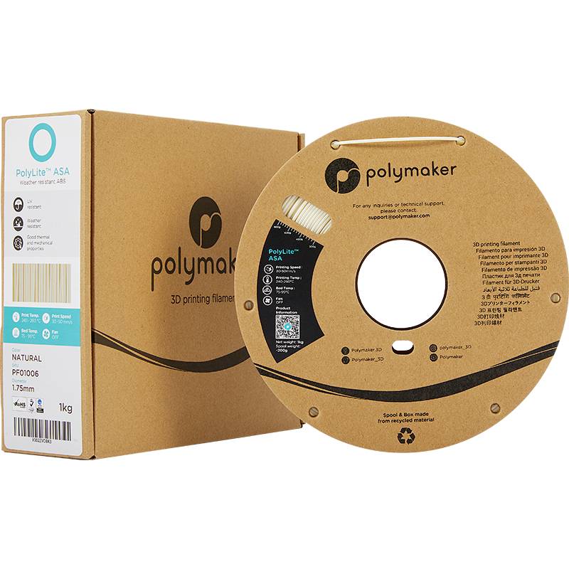 Kartonverpackung und Spule mit Polymaker 3D-Druckerfilament, ASA, 1,75 mm, naturfarben. Verpackung zeigt Markenzeichen und Produktdetails.