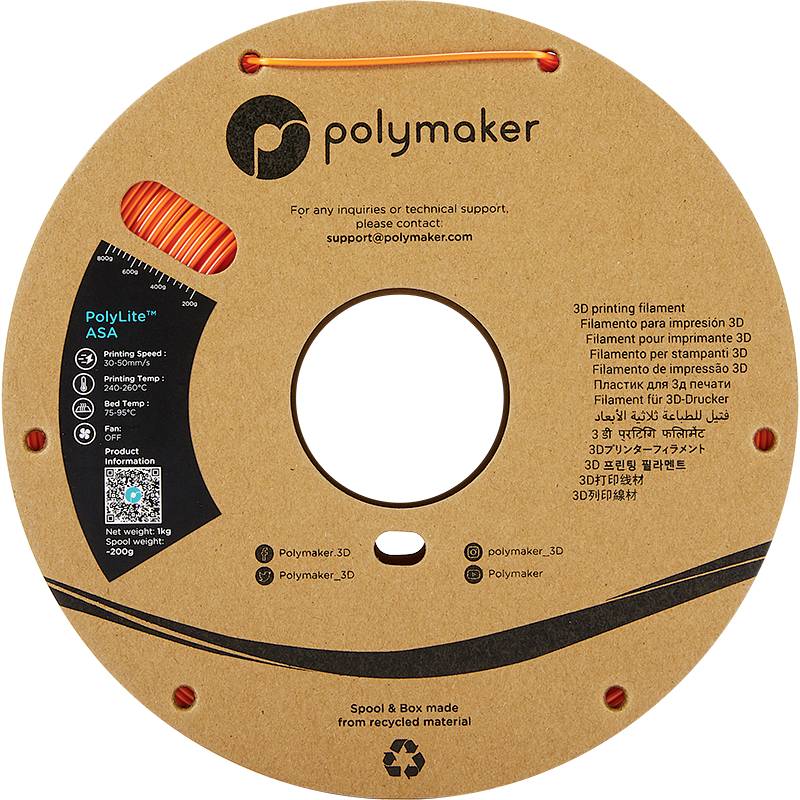 3D-Drucker-Filament von Polymaker. Auf der Spule befinden sich Kontaktinformationen, Produktname 'PolyLite', und 3D-Druck-Hinweise.
