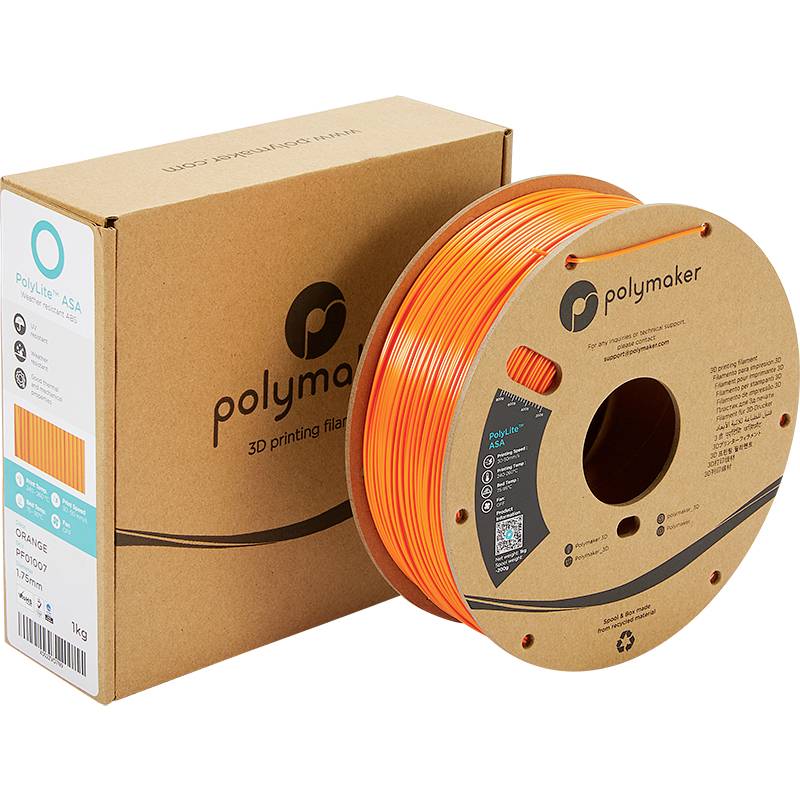 'Polymaker Polylite A54' orange 3D-Druckerfilament auf Rolle neben Verpackung.