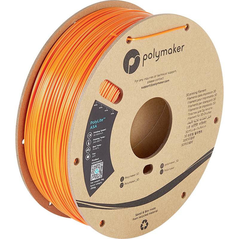 Eine Spule mit orangefarbenem 3D-Drucker-Filament von Polymaker, ASA-Material, mit Etikett und QR-Code für weitere Informationen.