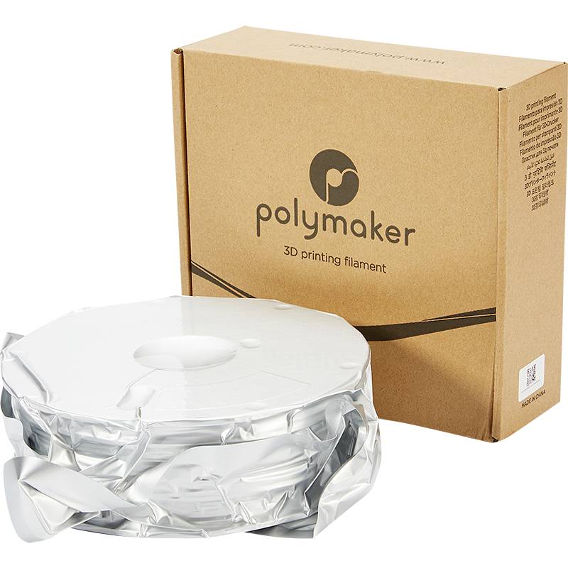 Eine Rolle silbernes 3D-Druckerfilament neben einer braunen Polymaker-Verpackung.