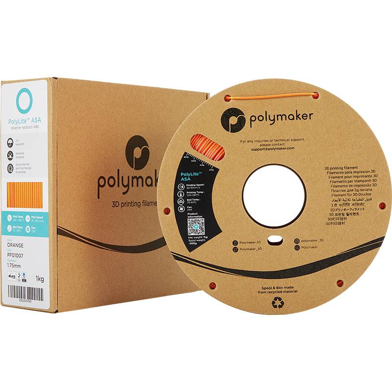 Polymaker ASA 3D-Druckfilament in Orange, 1,75 mm, 1 kg-Spule und Verpackung. Robustes Material, ideal für Outdoor-Anwendungen.