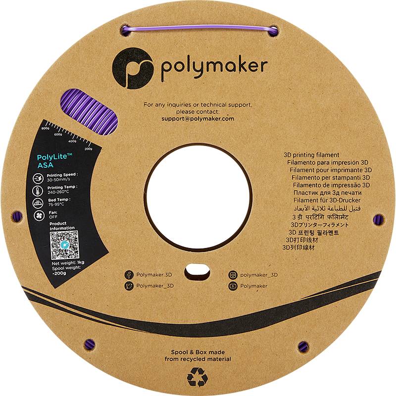 Eine Spule mit 3D-Druckerfilament von Polymaker, Marke PolyLite. Enthält Kontaktinformationen und ein QR-Code für Produktdetails.