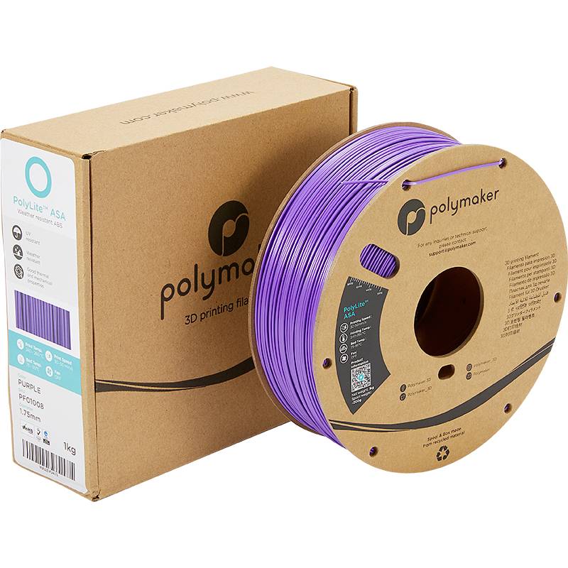 Lila 3D-Drucker-Filamentrolle der Marke Polymaker, neben der dazugehörigen braunen Verpackung mit Logo und Produktinformationen.