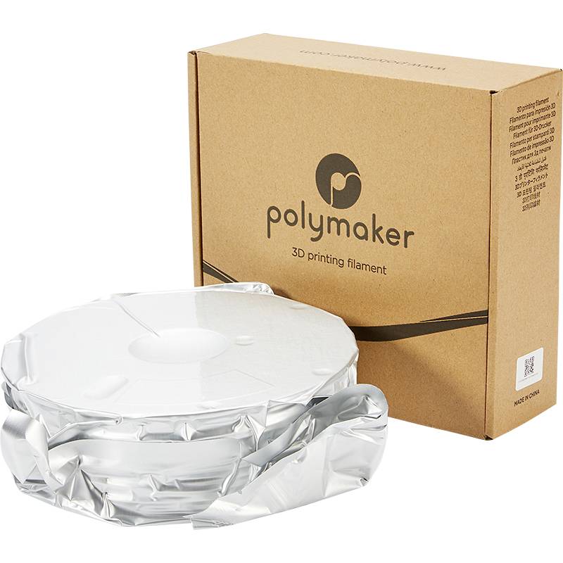 Eine braune Verpackung von Polymaker mit der Aufschrift '3D printing filament'. Daneben eine Rolle mit silberner Schutzfolie.