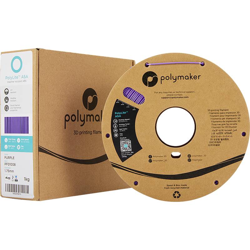 'PolyLite ASA' 3D-Druckermaterial in lila, Rolle neben der Verpackung. Enthält QR-Code für Support. Geeignet für verschiedene Drucktypen.