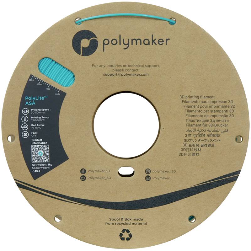 PolyLite ASA 3D-Drucker-Filament, Türkis. Kartonspule aus recyceltem Material. Polymaker-Kontaktdaten und QR-Code vorhanden.