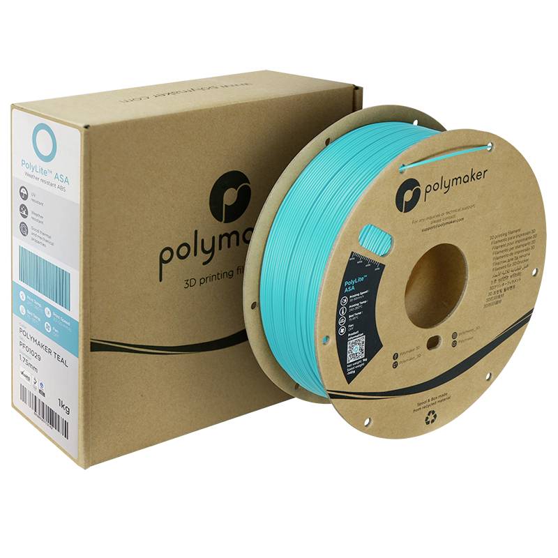 Hellblaues Polymaker ASA-Filament auf einer Rolle, neben einer braunen Verpackungsbox mit Polymaker-Logo. Für 3D-Druck.