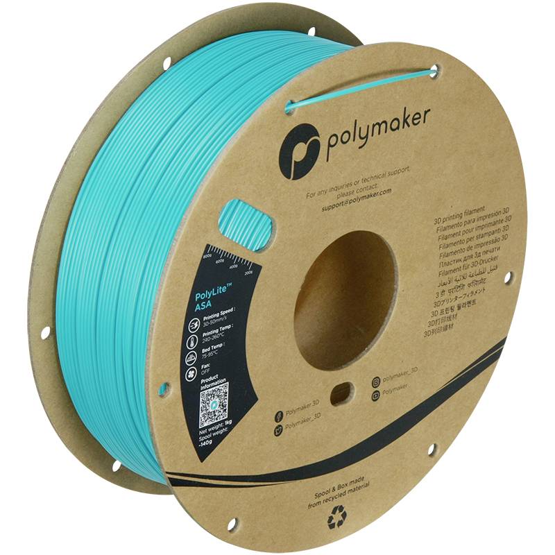 Eine Rolle türkisfarbenes 3D-Druck-Filament aus ASA-Kunststoff der Marke 'Polymaker', geeignet für technische Anwendungen.