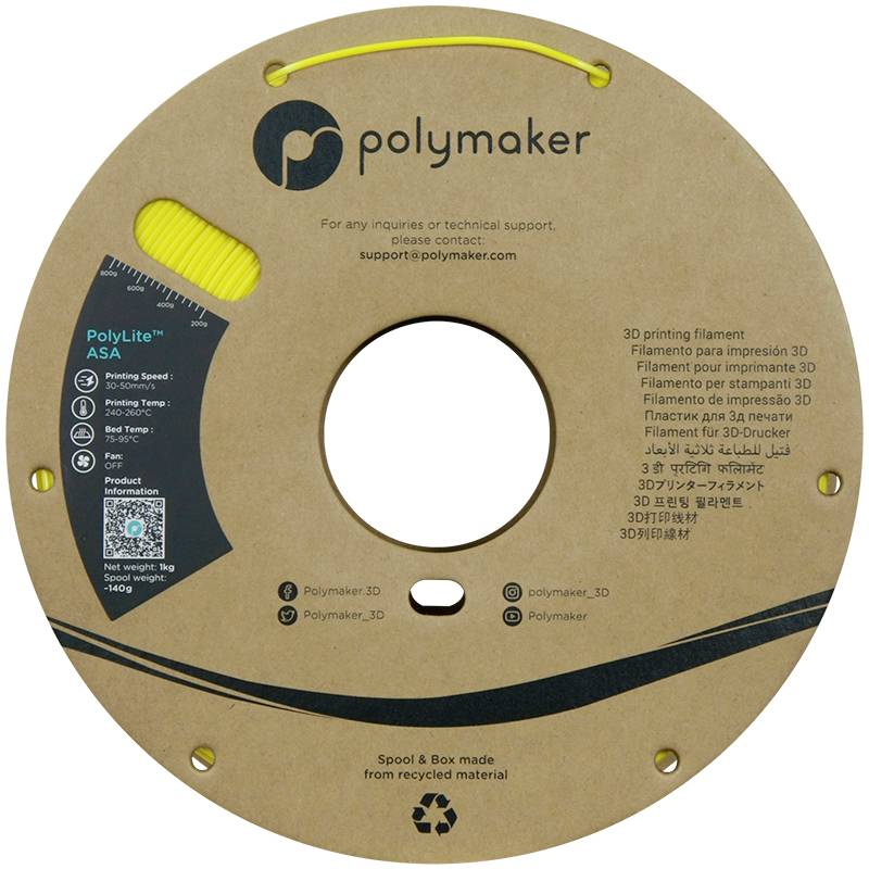 Rolle mit gelbem 3D-Druckfilament von 'Polymaker'. Label zeigt Marke, Produktname 'PolyLite ASA', technische Details, Recyclinghinweis.