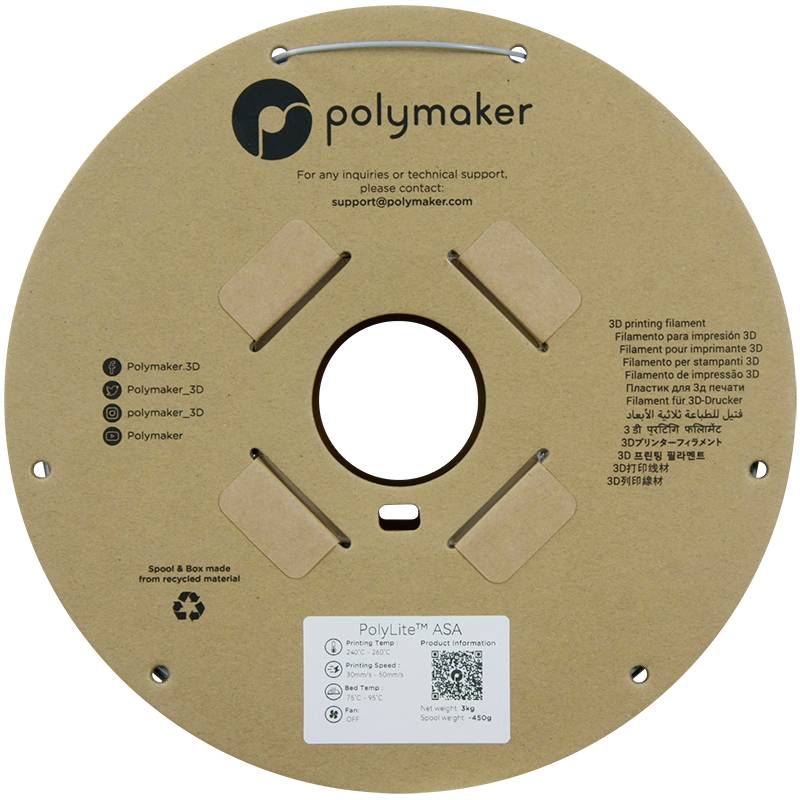 'Polymaker' Filamentspule aus recyceltem Material mit Produktinfos und Support-Details, runde Pappverpackung mit zentraler Öffnung.