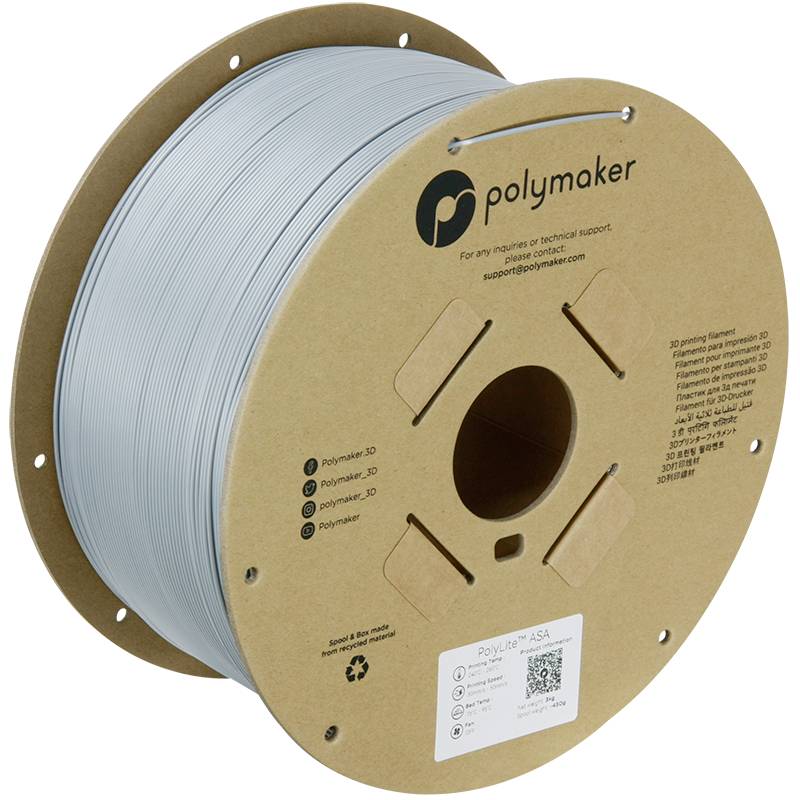 Eine Spule mit grauem 3D-Drucker-Filament von Polymaker. Auf der Pappverpackung sind Markenname, Kontaktinformationen und ein QR-Code zu sehen.
