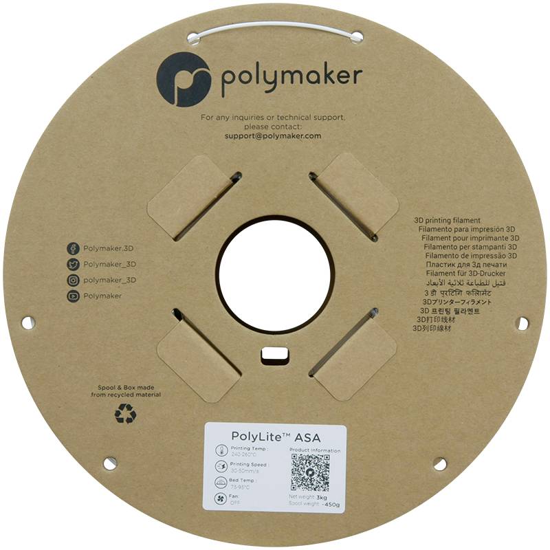 Die Abbildung zeigt eine runde Spule aus Karton für PolyLite ASA 3D-Druckfilament von Polymaker, mit Kontaktinformationen und QR-Code.