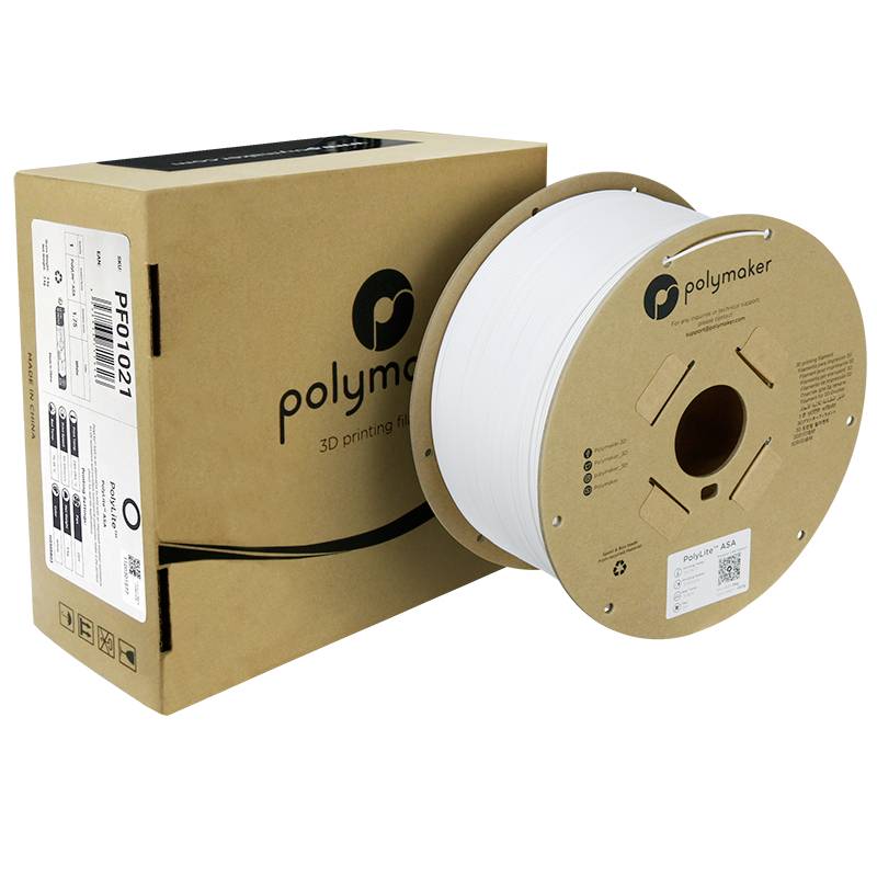 Eine Rolle weißes 3D-Druckfilament in einer braunen, mit 'Polymaker' beschrifteten Verpackung.