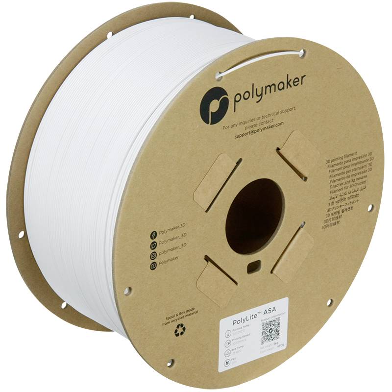 Große, runde Spule mit weißem 3D-Druckfilament von Polymaker; aus Pappe mit recyceltem Material.