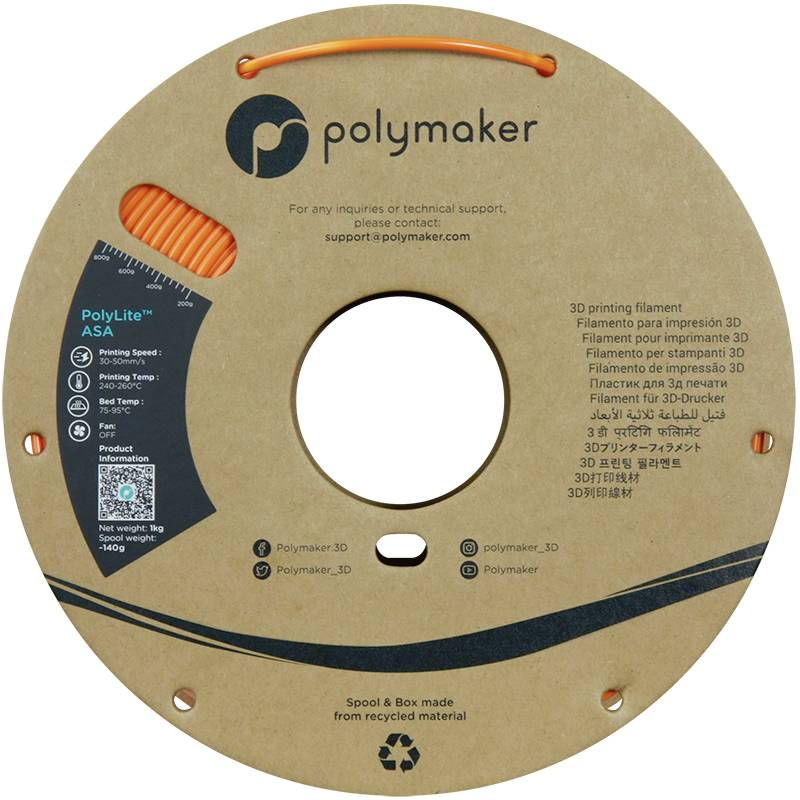 Eine Spule mit orangem 3D-Druckfilament, Markenname 'Polymaker', Material 'PolyLite ASA', umgeben von mehrsprachigen Beschreibungen.