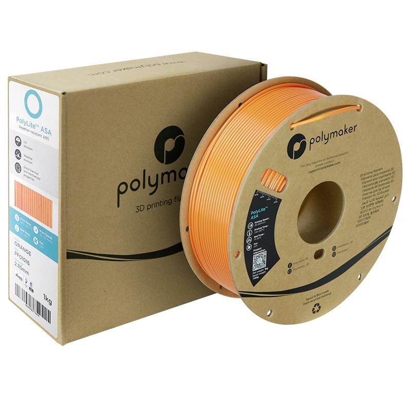 Eine Spule mit orangefarbenem 3D-Druckerfilament neben einer braunen Verpackung mit 'polymaker' Logo; für 3D-Druckeranwendungen.