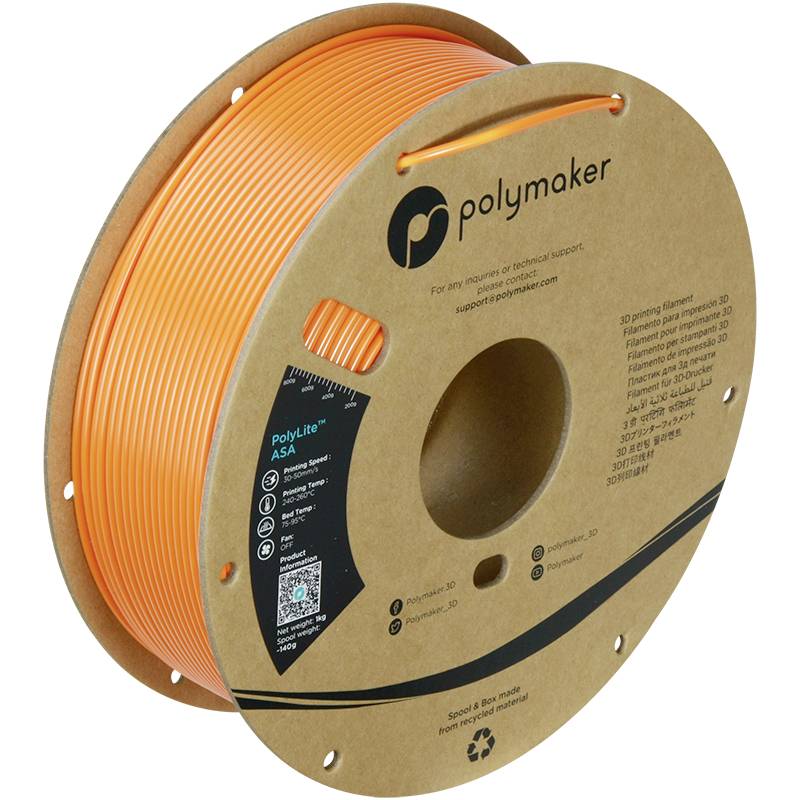 Eine Rolle orangefarbenes 3D-Druckerfilament von Polymaker, beschriftet mit 'PolyLite ASA', Verpackung aus recyceltem Karton.