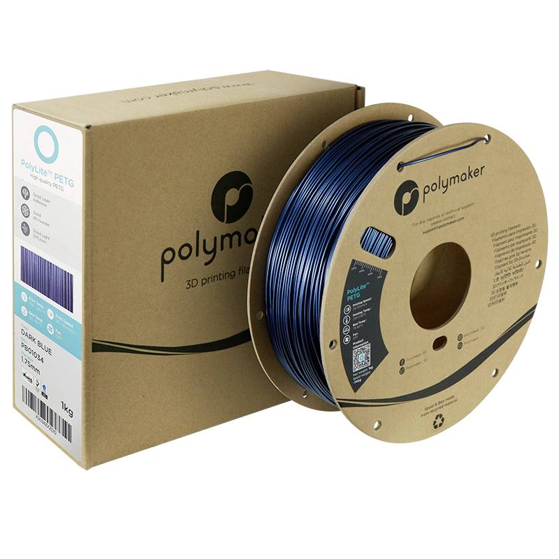 Polymaker PETG 3D-Druckermaterial in Blau, auf einer Rolle neben der Verpackung, mit einem Gewicht von 1 kg.