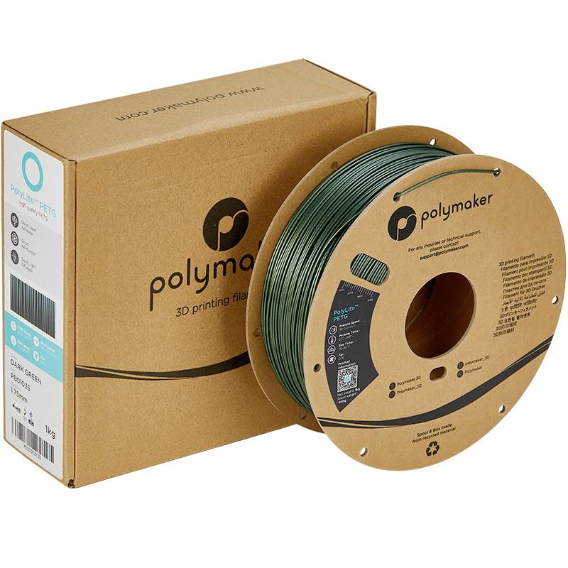 Eine Rolle dunkelgrünes 3D-Druckfilament von Polymaker neben der Verpackung. Verpackung und Filament beschriftet.