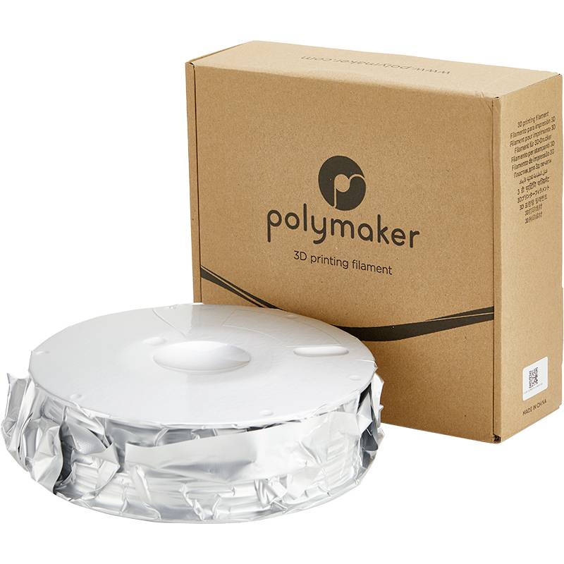 3D-Druckmaterial in silberner Folie neben brauner Verpackung mit 'polymaker' Logo und Aufschrift '3D printing filament'.