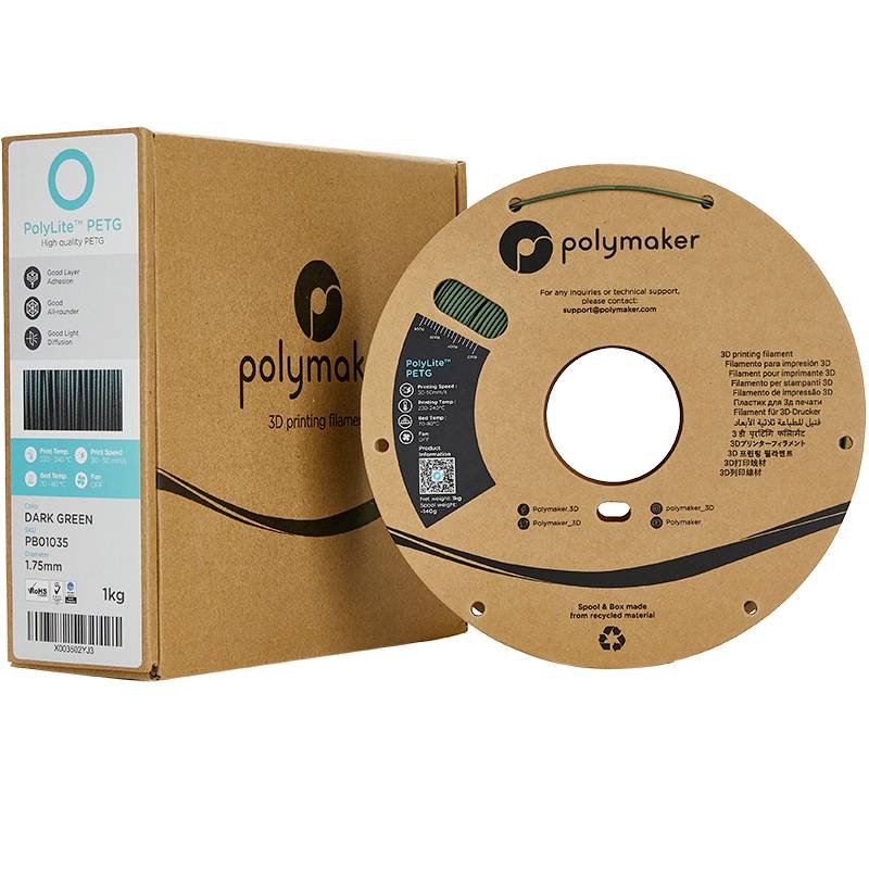 Verpackung und Spule von Polymaker 3D-Druckfilament, PETG, dunkelgrün, 1,75 mm, 1 kg. Verpackung zeigt Logo und Produktspezifikationen.