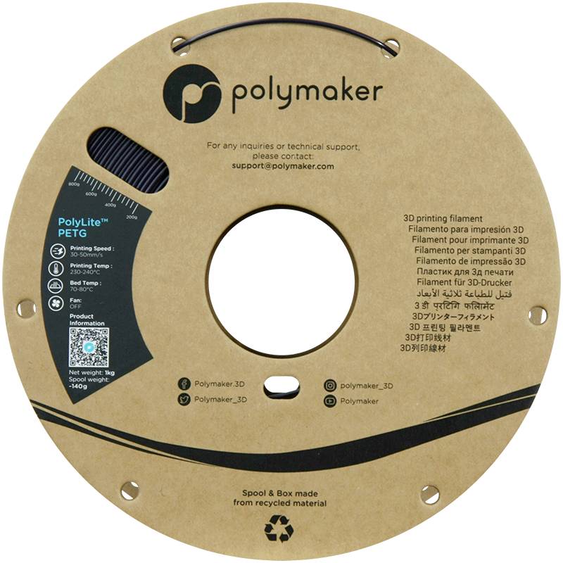 'Polymaker' Filament-Spule aus recyceltem Material mit Kontaktinformationen und mehrsprachiger Produktbeschreibung.
