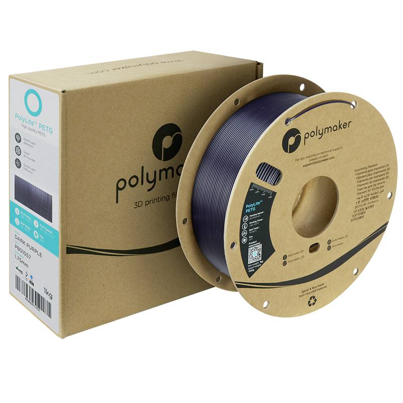 Spule mit dunkelviolettem PETG-Filament für 3D-Drucker neben einer braunen Verpackung mit 'Polymaker'-Logo.