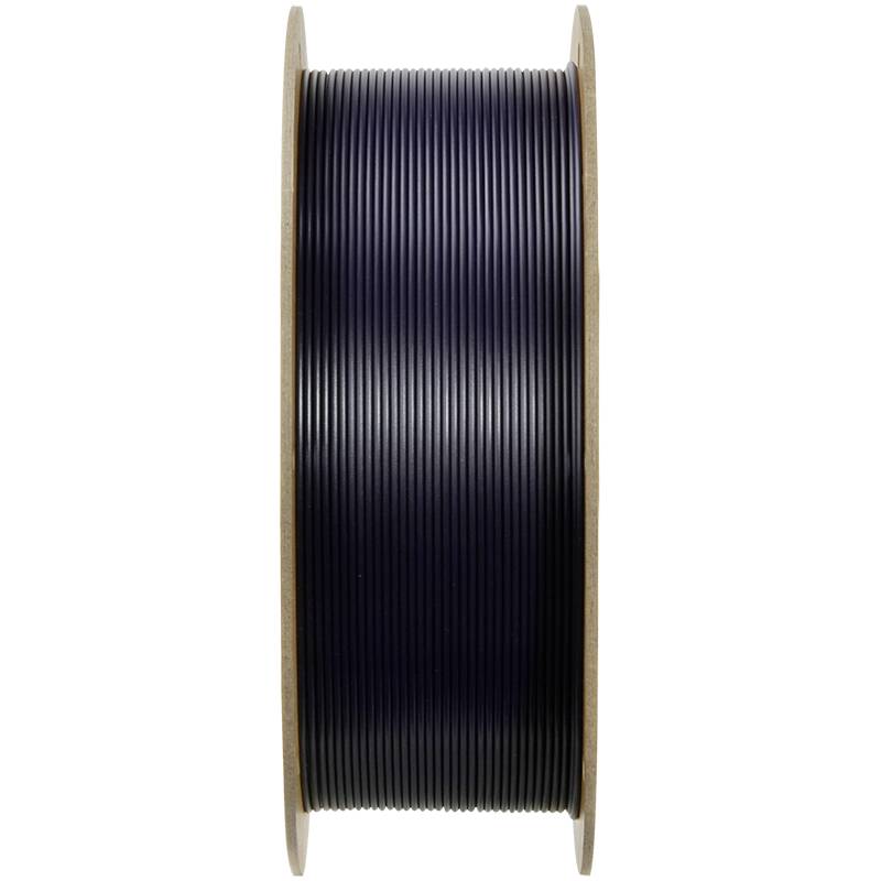 Spule mit schwarzem Filamentfaden, senkrecht aufgestellt, auf Holzrollen montiert.