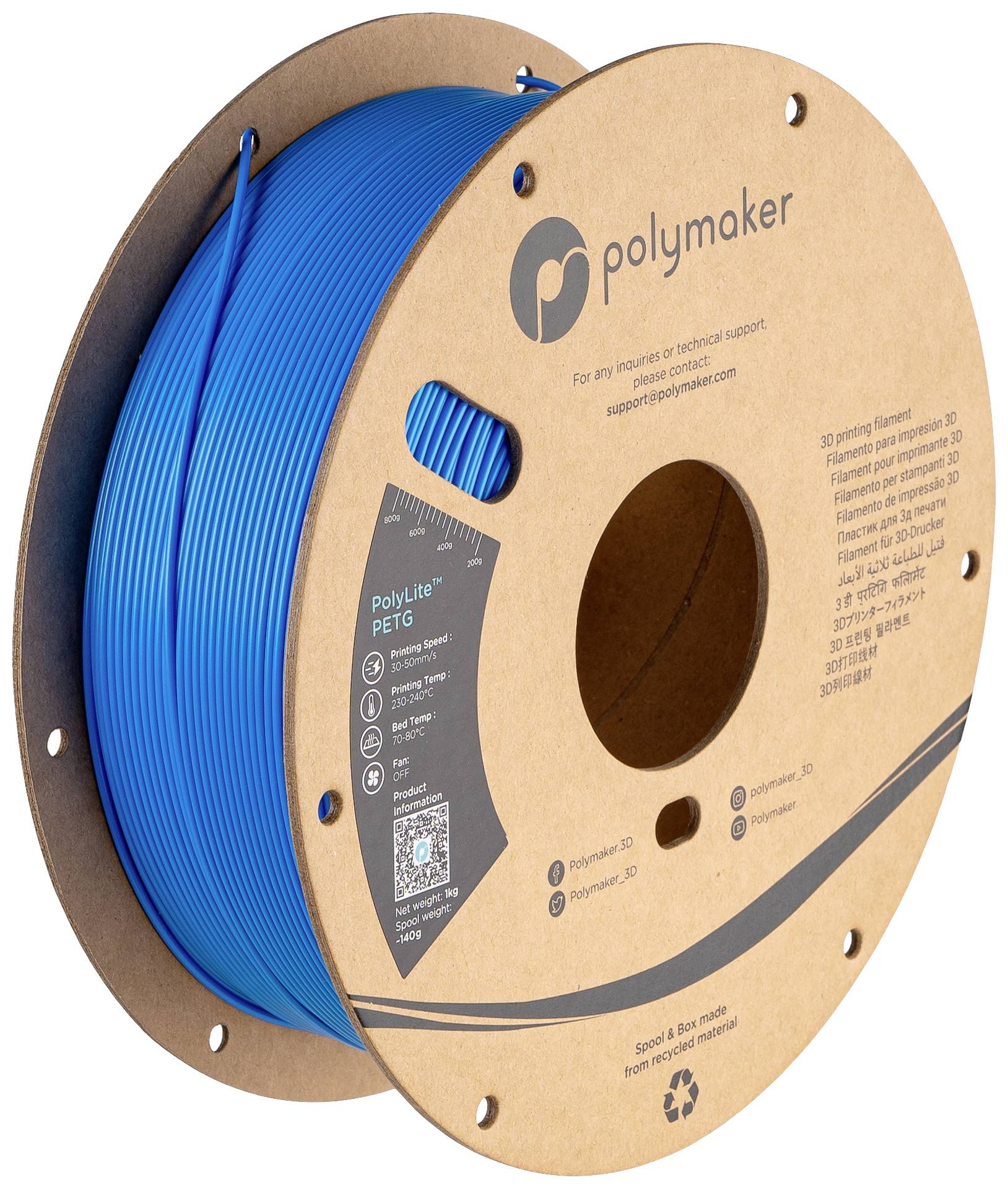 Polymaker PB01042 Filament PETG hitzebeständig, hohe Zugfestigkeit 1.75mm 1000g Electric Blue PolyLite™ 1St.