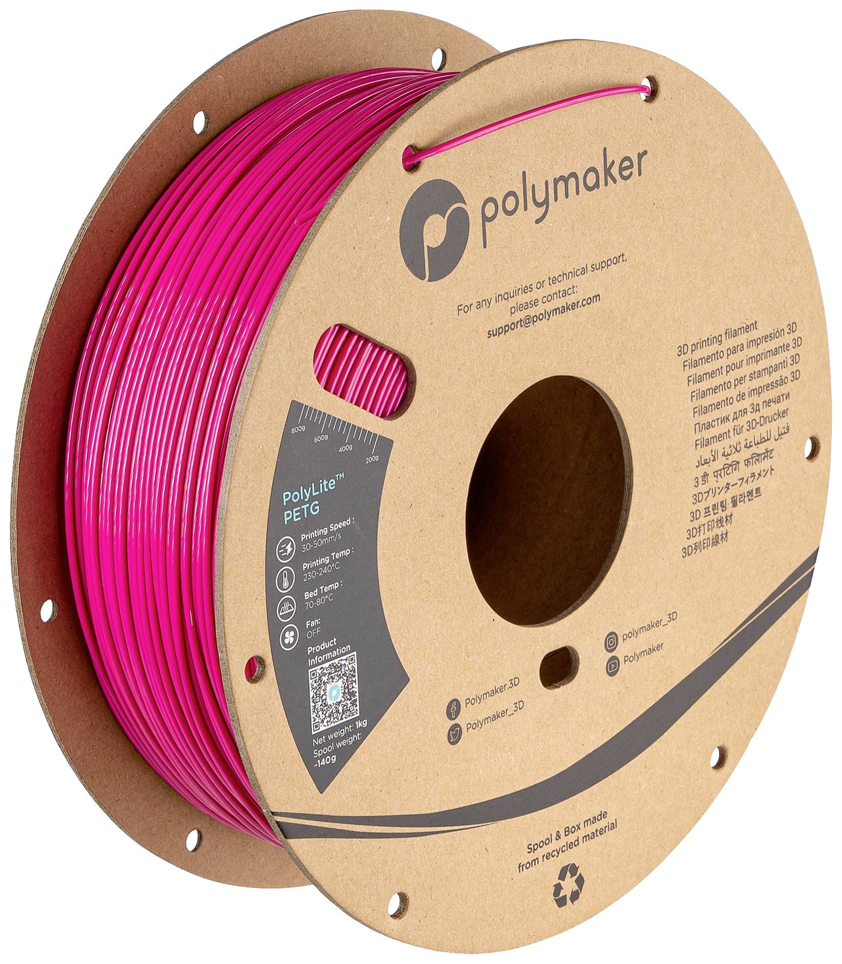Rolle mit pinkfarbenem 3D-Drucker-Filament der Marke 'Polymaker', verpackt in braunem Karton, mit Etikett für technischen Support.