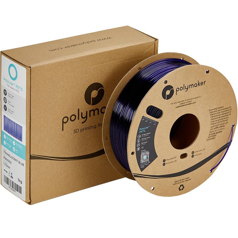 Braune Verpackung und Spule mit blauem 3D-Druckfilament der Marke Polymaker.