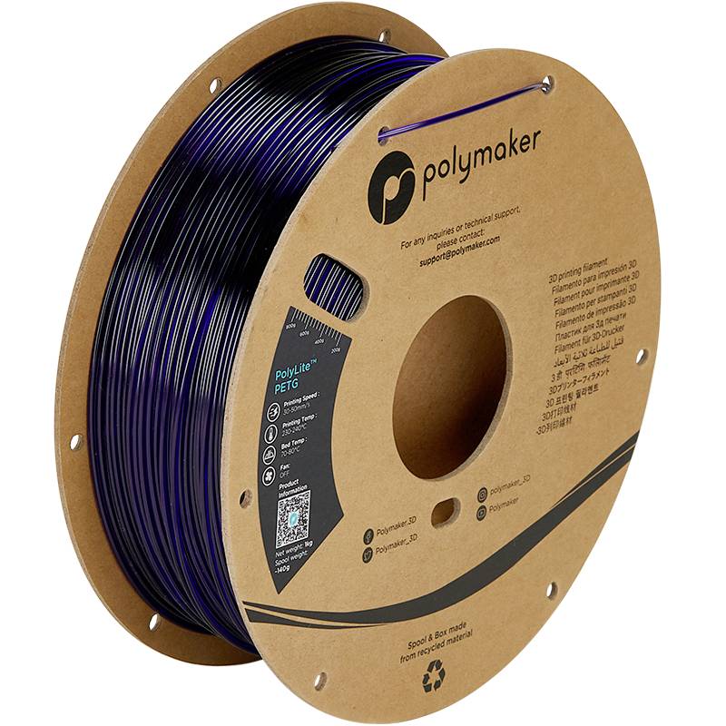 Eine Spule von Polymaker PolyLite PETG 3D-Druckerfilament, 2,25 kg, 1,75 mm Durchmesser, lila Farbe, mit Marken- und Recycling-Logo.