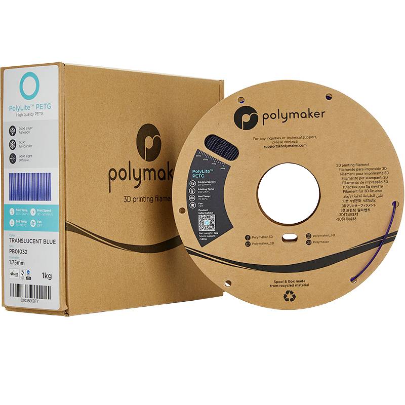 Eine Polymaker Verpackung und Rolle mit blauem 3D-Druckfilament aus PETG. Text auf der Verpackung und Rolle beschreibt Eigenschaften des Produkts.