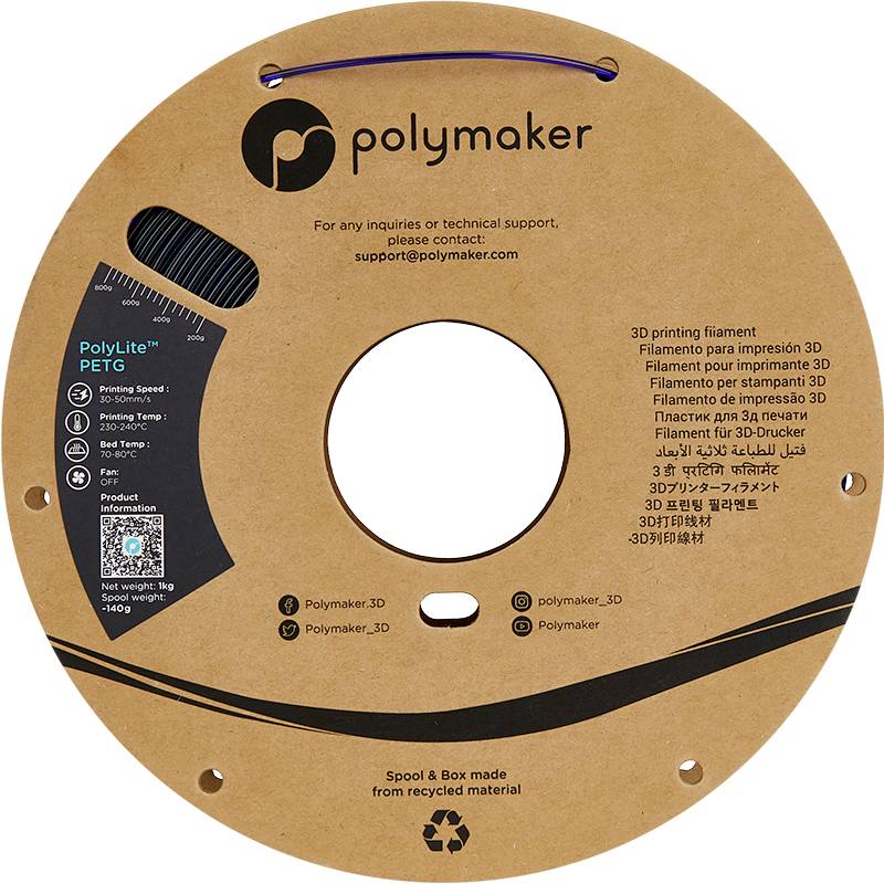 Eine runde Verpackung von Polymaker mit der Aufschrift 'PolyLite PETG', Informationen zu 3D-Druckfilament und Kontaktangaben.