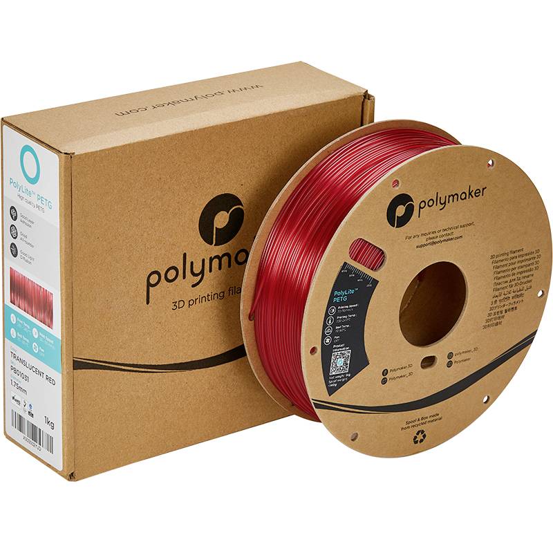 Rote 3D-Drucker-Filamentspule steht vor einer Box mit der Aufschrift 'polymaker'.
