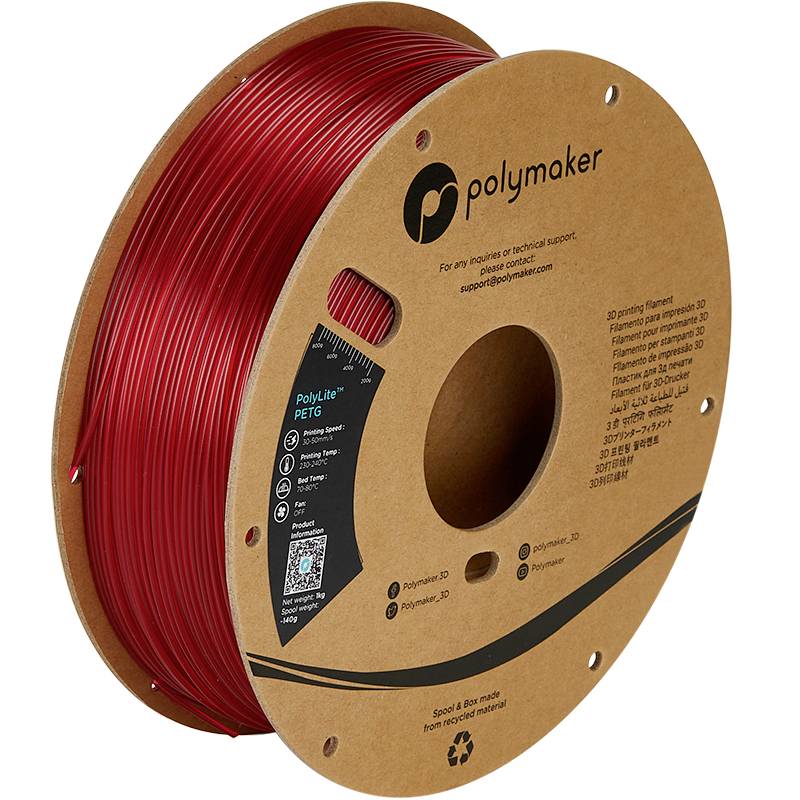Rote 3D-Druckerfilamentrolle aus PETG der Marke Polymaker, auf Pappspule gewickelt, mit Aufdruck: 'PolyLite PETG' und Recycling-Symbol.